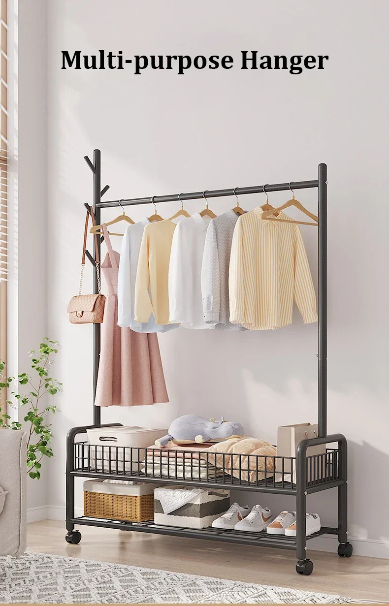 Description Picture 2 of itemMovable Clothes Rack Floor Hanger Stainless Living Room Bedroom Furniture Coat Hat Rack Hooks Stand Storage Wardrobe Storage Box