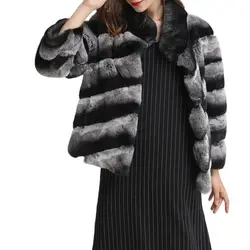 Contrasting colors striped rex rabbit fur lapel chinchilla coat  1907003