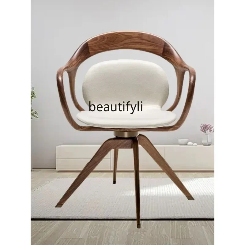 

Nordic Solid Wood Dining Chair Home Backrest Sofa Chair Office Rotating Leisure Chair Genuine Leather Black Walnut Wooden