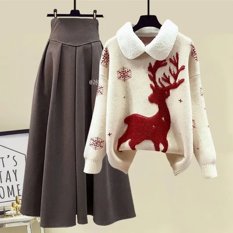 Autumn Winter Dress Set for Women 2024 New Christmas Deer Knitted Sweater and High Waist A-line Maxi Skirt Two Peice Set Outwear