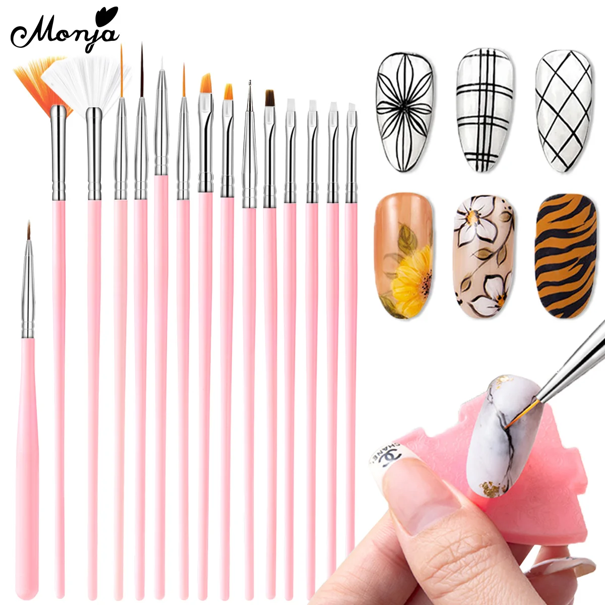 

Monja 45Pcs Nail Art Brush Acrylic UV Gel Polish Drawing Painting Pen French Flower False Tips 3D Carving Manicure Design Tools