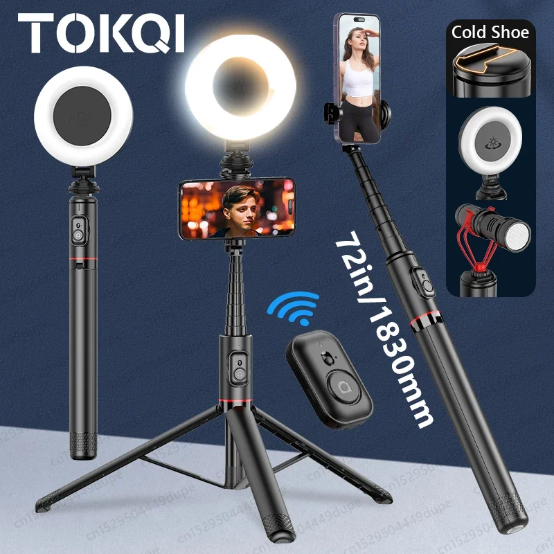 TOKQI 72인치 삼각대, 확장형 블루투스 셀카봉, 스마트폰 아이폰 안드로이드 핸드폰용 알루미늄 합금 브래킷