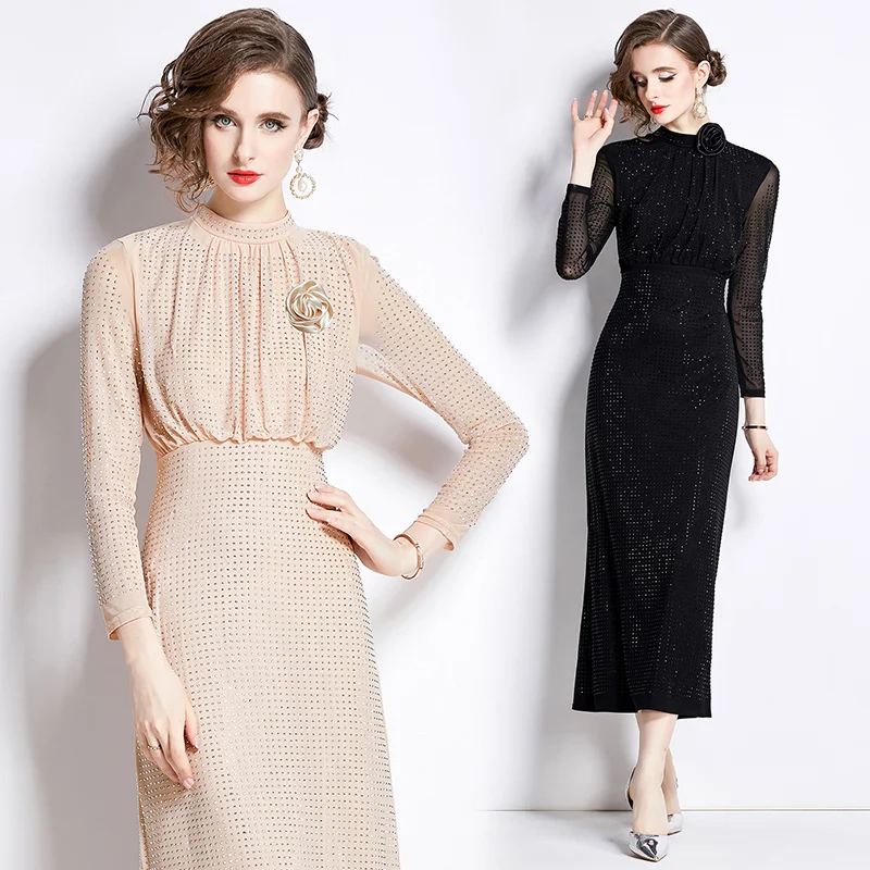 

Женское трикотажное платье с высокой талией, однотонное Сетчатое платье с цветочным принтом, длинным рукавом и воротником-стойкой на молнии, 2024