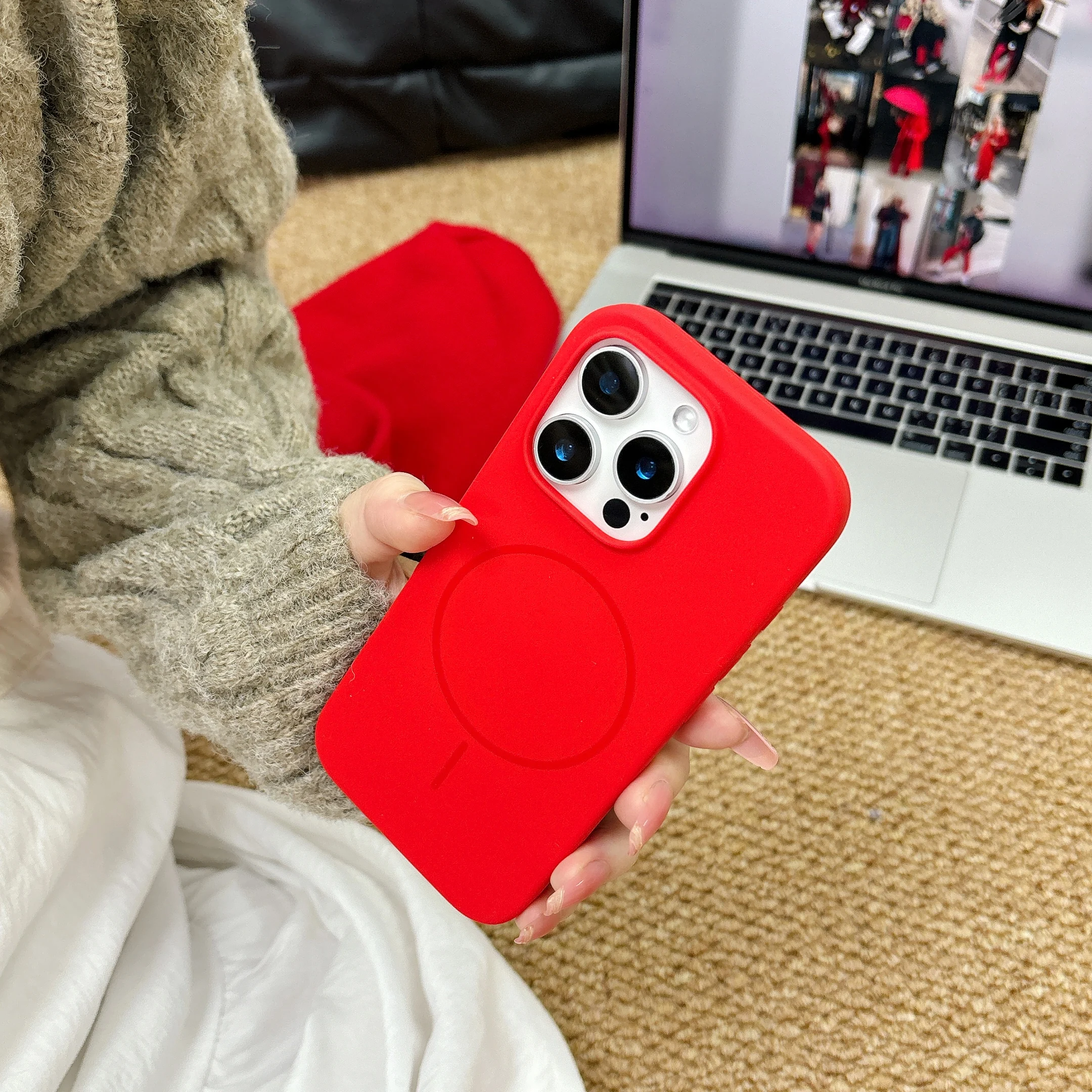 Magnetic Silicone Matte Phone Case with Camera Protection - Chinese Red