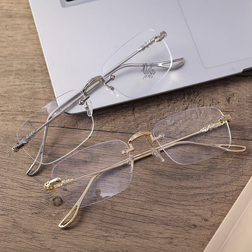 Fashion Women Transparent Square Rimless Shades Glasses Vintage Sturdy AC Lens Spectacles Unisex Decorative Metal Frame Eyewear
