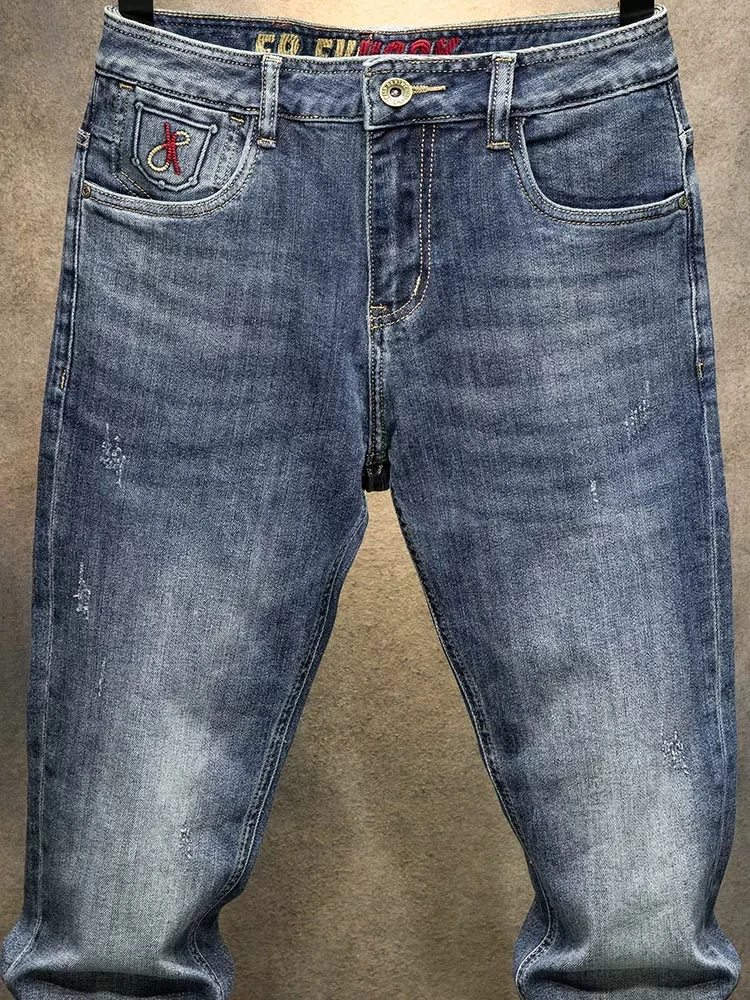 Newly Designer Fashion Men Jeans High Quality Retro Blue Elastic Slim Fit Ripped Jeans Men Embroidery Vintage Denim Pants Hombre