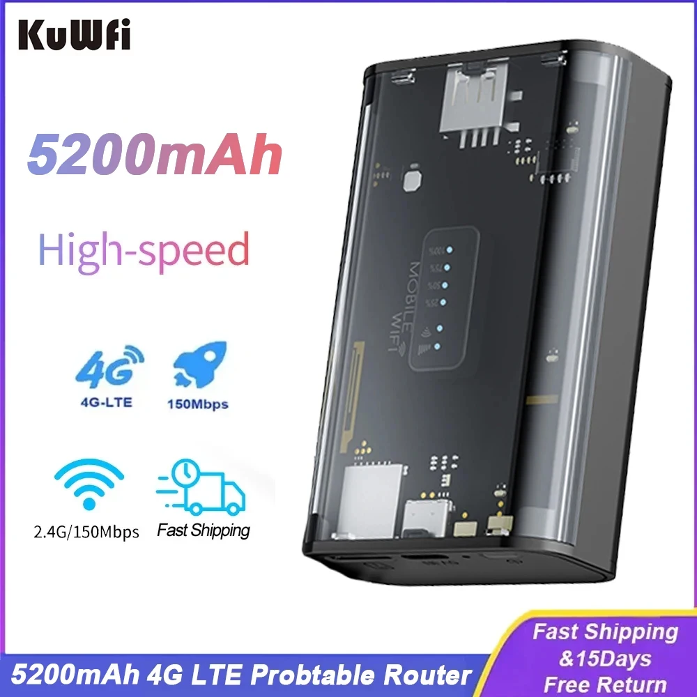 KuWFi 5200mAh LTE 라우터 Proteble 미니 4G 라우터, 150Mbps 무선 와이파이, 야외 여행 핫스팟 SIM 카드 슬롯, USB 출력 전원 