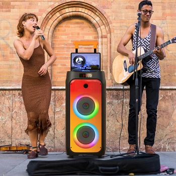 FanFun Large Bluetooth Speaker, Wireless Speaker with Wheels and Trolley Bar, Karaoke Machine with 2 Microphone, Karaoke Speaker 2