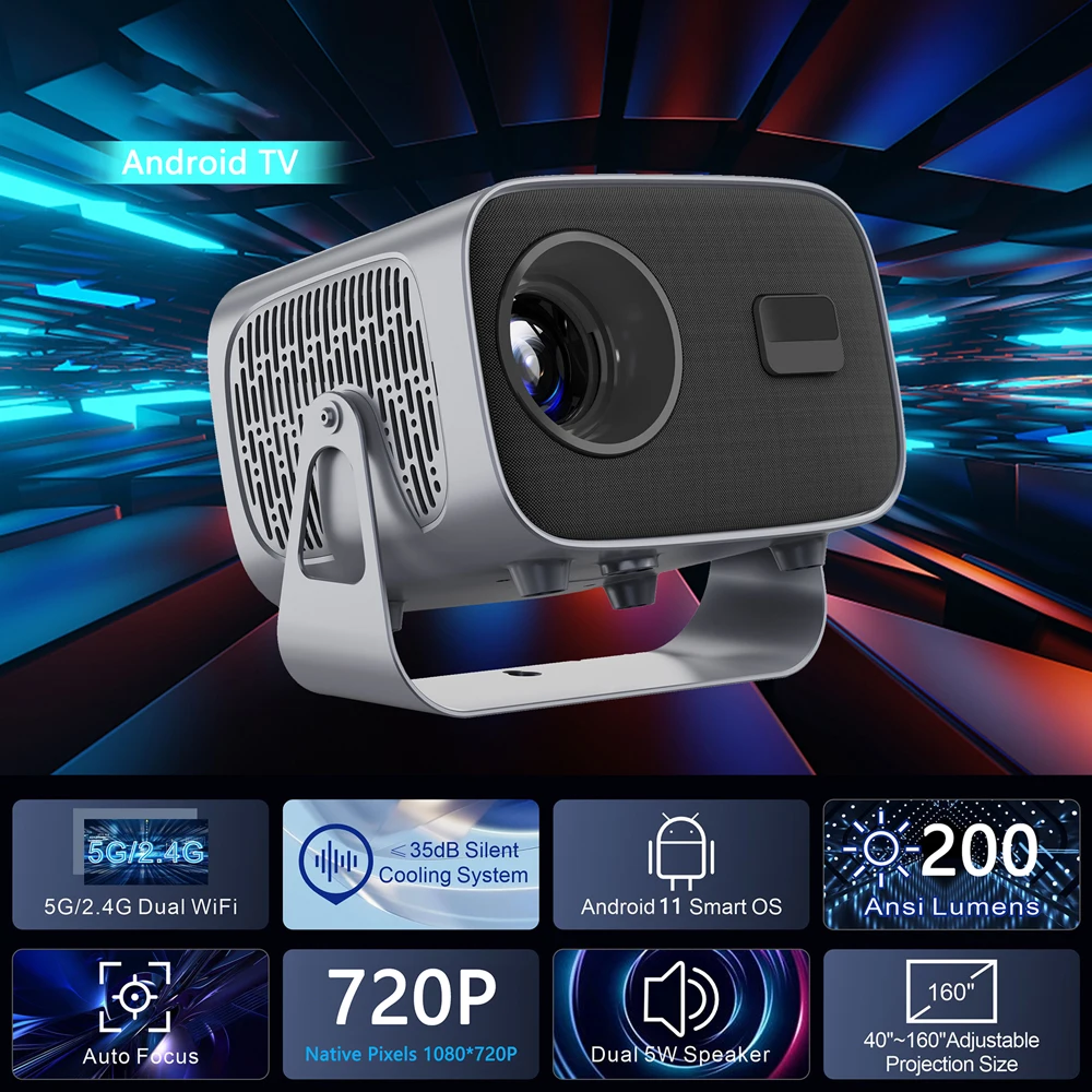 A10 Smart Projector Portable Android 11.0 Projector with 5G/2.4G Dual WiFi BT 1280*720P 200ANSI 2000:1 Home Theater