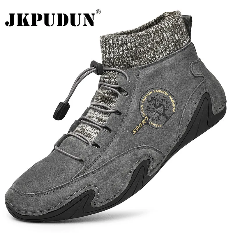 Vintage Men Boots Suede Leather Western Ankle Boots Men Warm Fur Winter Snow Casual Shoes Sneakers Cowboy Botas JKPUDUN