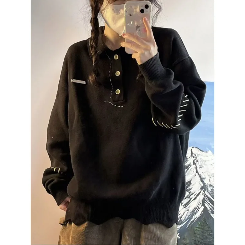 

Черный винтажный свитер Deeptown, женская уличная одежда в японском стиле, пуловер, вязаная одежда оверсайз, готический вязаный джемпер на пуговицах, осень