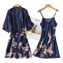 

Sexy Nightwear Gown Set Women 2PC Pyjama V-Neck Pajamas Silky Sleepwear Spring Lady Sleep Suit Robe Wear Home Negligee Homewear