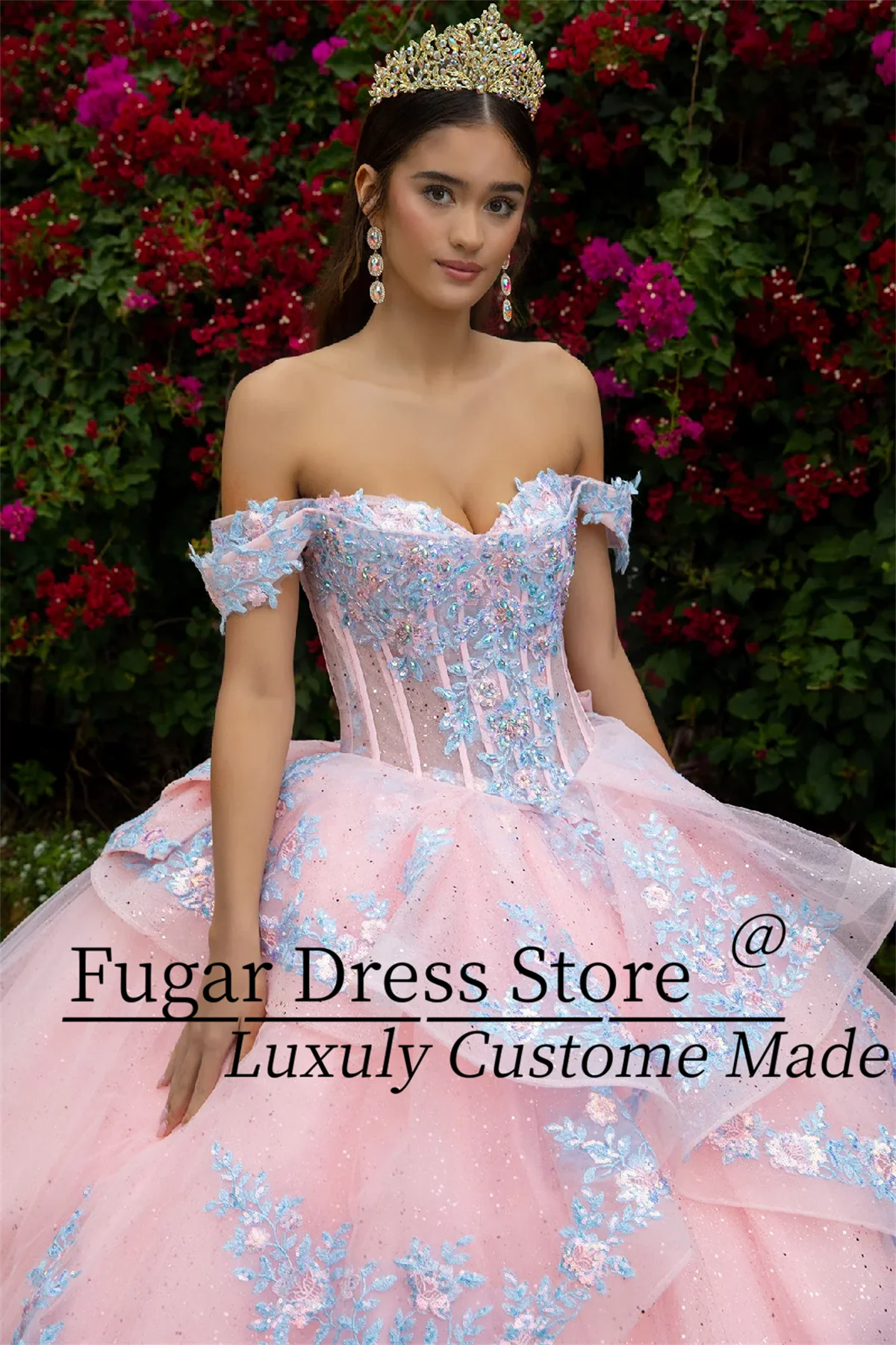 Blush Pink Quinceanera Dresses Embroidered applique long off shoulder dress A-line layered skirt