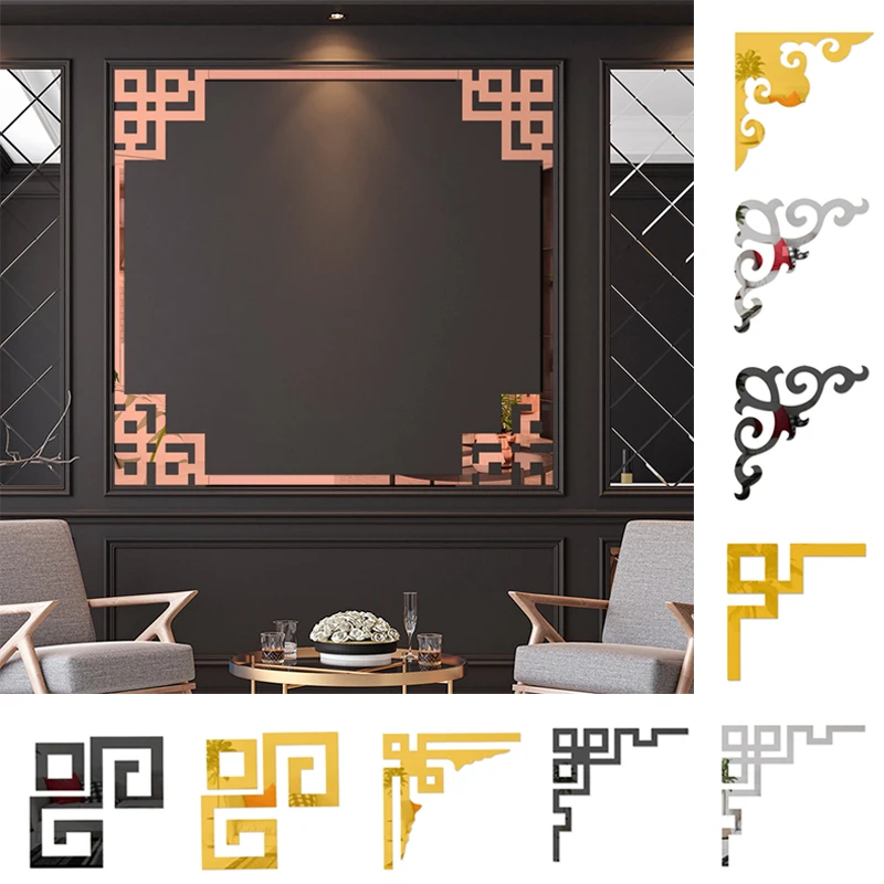 Furniture Decoration Mirror Sticker 3D Wallsticker Acrylic Self-adhesive Mirror Gold Sliver Sticker Cabinet Corner 4PCS wall sticker mirror wall sticker acrylic wall sticker