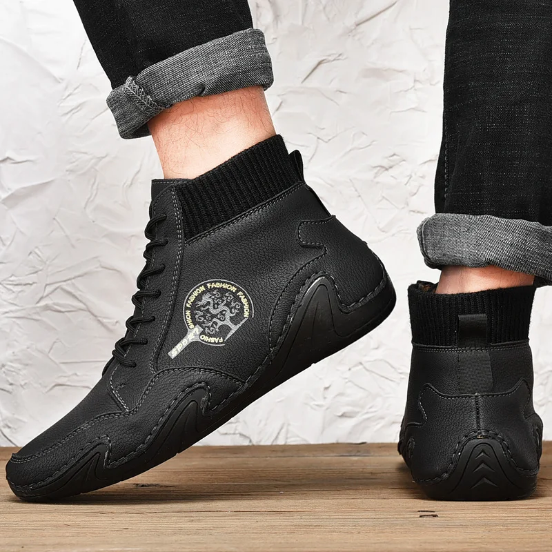 Leather Men Boots Men Casual Shoes Sneakers High Top Western Ankle Boots Waterproof Winter with Fur Super Warm Snow