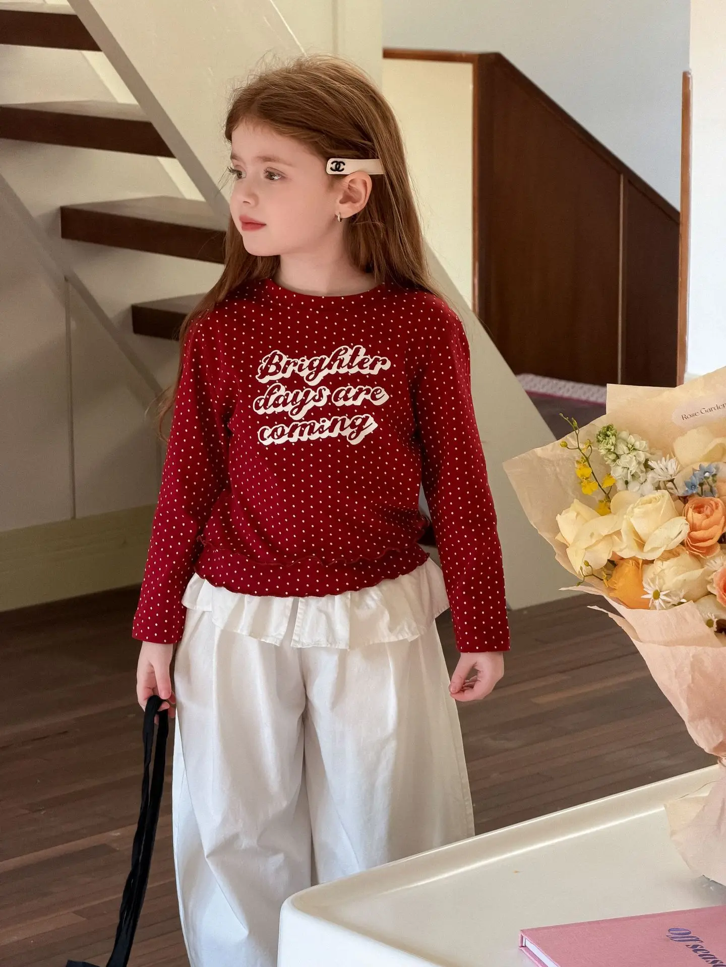 여아 상의 2026 봄 신상 미국식 폴카 도트 레터링 폴카 도트 프린트 캐주얼 패션 데일리 스타일리쉬 만능룩