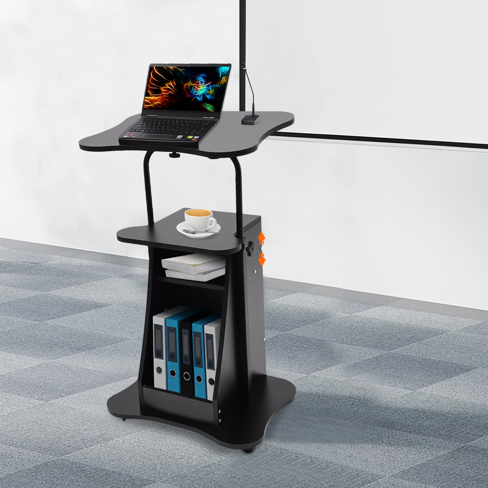 Mobile Laptop Cart Podium Adjustable Height Laptop Stand Portable Sit-to-Stand Desk Rolling Workstation Storage Offic