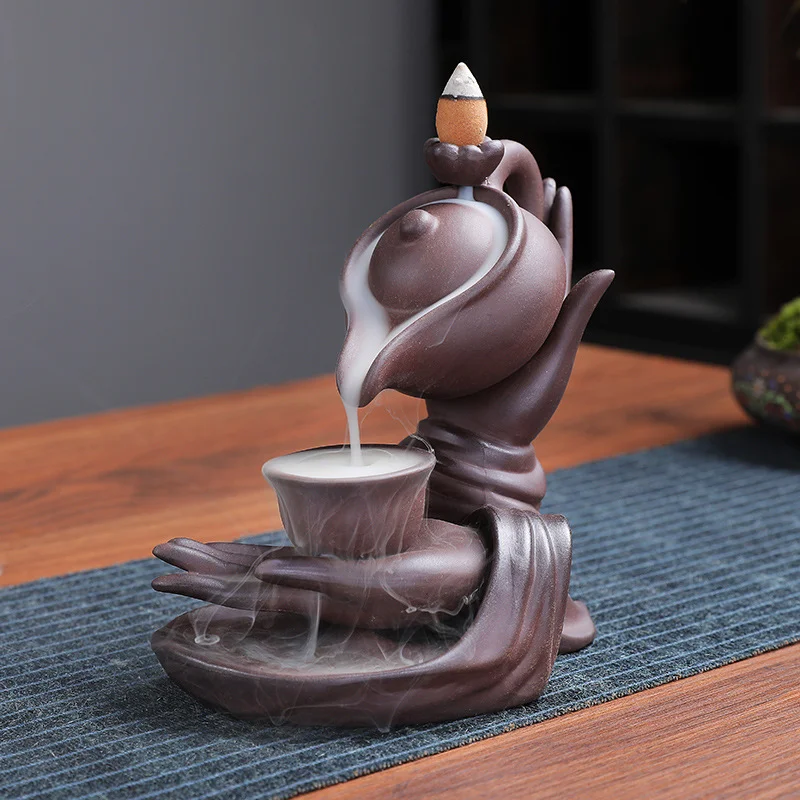 

Buddha Hand and Teapot Backflow Incense Burner Home Interior Figurines Crafts Meditation Room Decorative Incense Burner Holder