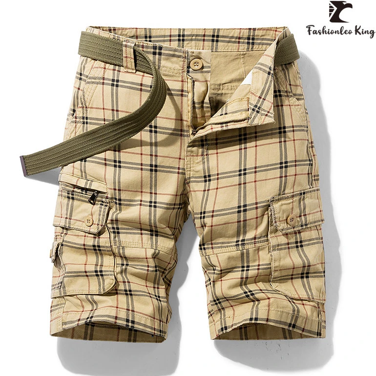 New Men's Cotton Cargo Shorts Clothing Casual Check Breeches Bermuda Fashion Beach Pants Cargo
