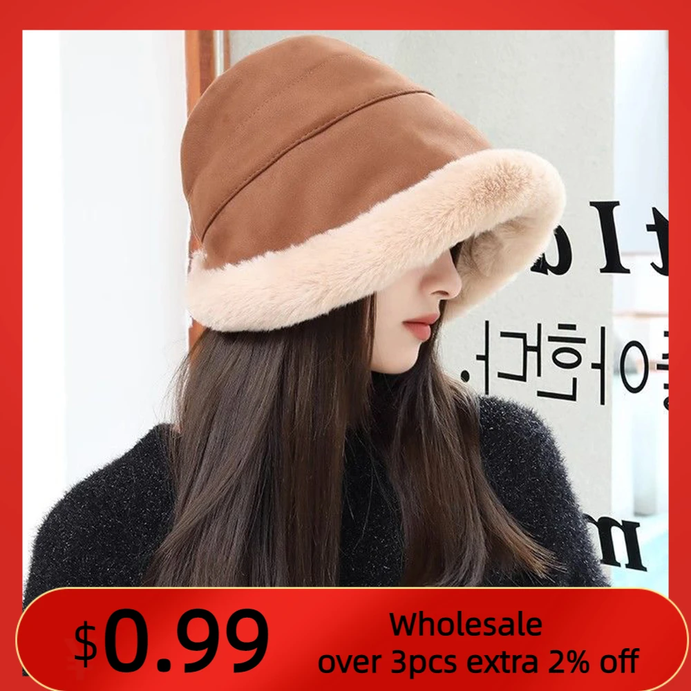 

New Soft Thickened Plush Edge Winter Bucket Hat Fashion Outdoor Warm Beanies Fisherman Hat Ladies Windproof Panama Hats INS