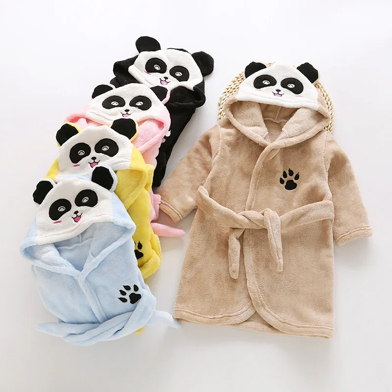 Kids Colar Fleece Panda Hooded Bathrobe Children's Dressing Gown Bath Robe Cartoon Animal Sleepwear For Girls Boys Pyjamas 2-12Y