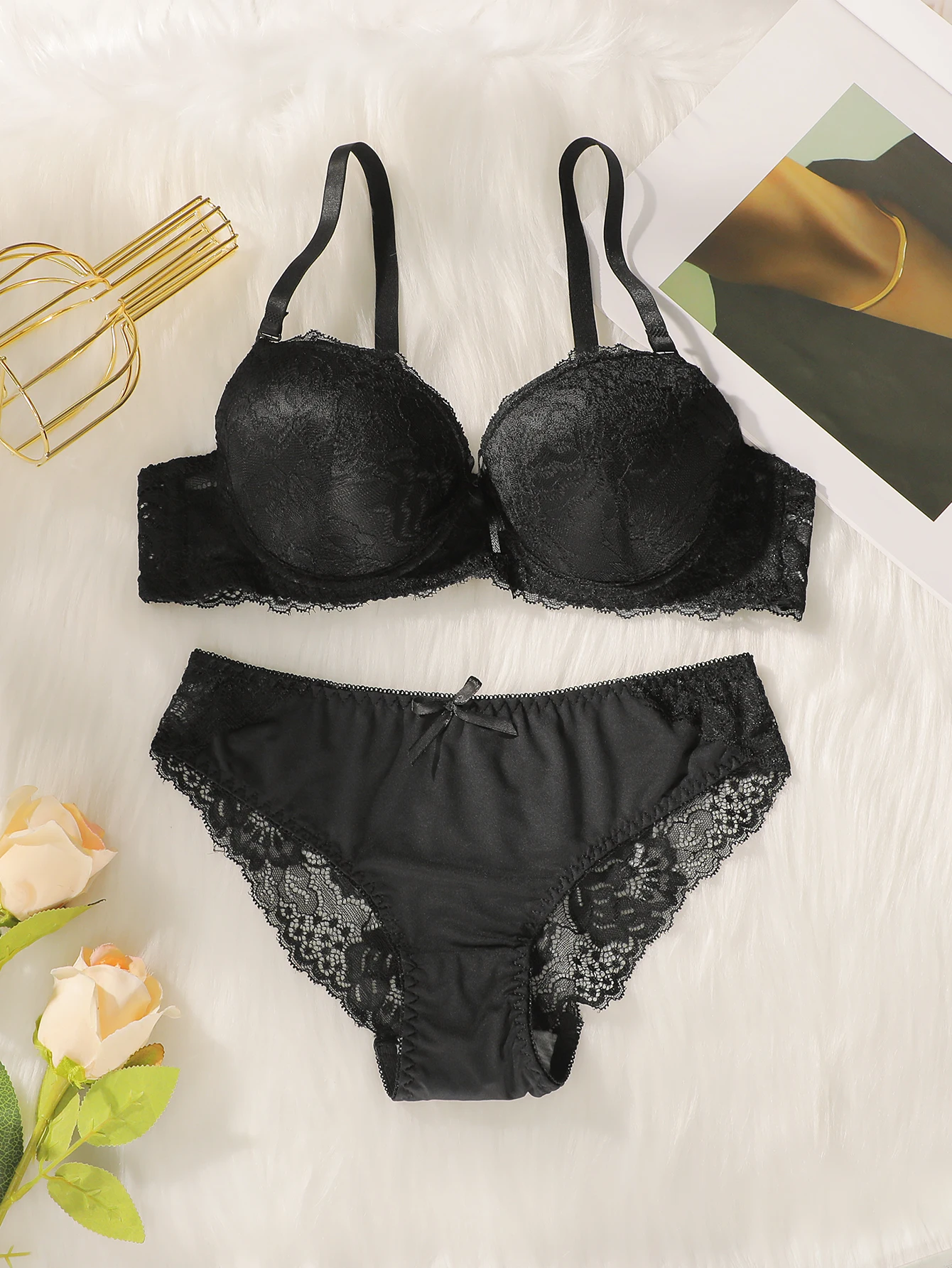 Sexy Black Lace Underwire Lingerie Set Push Up Full Coverage Bra and Panty Set For Women Comfortable Wire Support Elegant S-XL