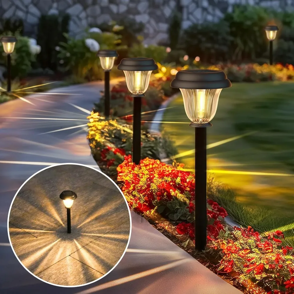 Solar Lights Outdoor 6 Pack, Stainless Steel Glass Solar Pathway Lights, Auto On/Off Long-Lasting IP65 Waterproof 5