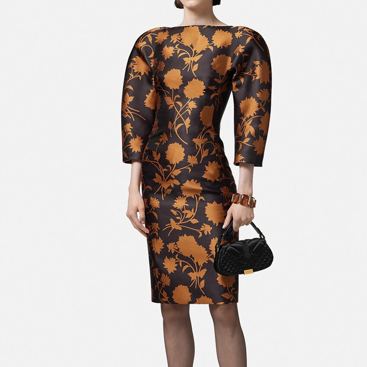 

Celebrity temperament one-line neckline slit mid-length seven-minute sleeve dress Floral print hourglass silhouette Womens dress