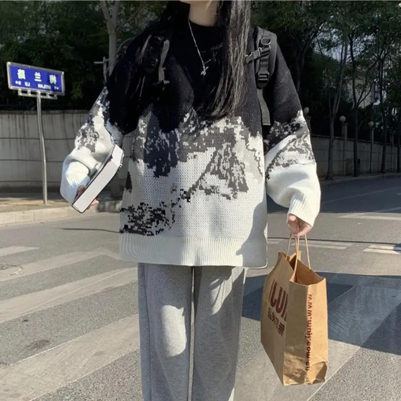 

Sweaters Women Harajuku Chic Panelled Design Loose BF Style College Teens Knitwear All-match Autumn Basic O-neck Female Clothing