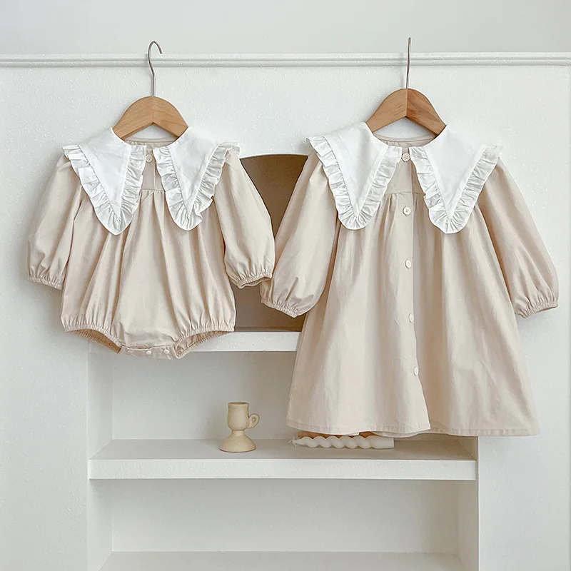 Family Sister Matching Dress Outfit Neonate Vestiti Manica Lunga Fiore Large Risvolto Girl Dress Baby Pagliaccetto Abiti Da Principessa