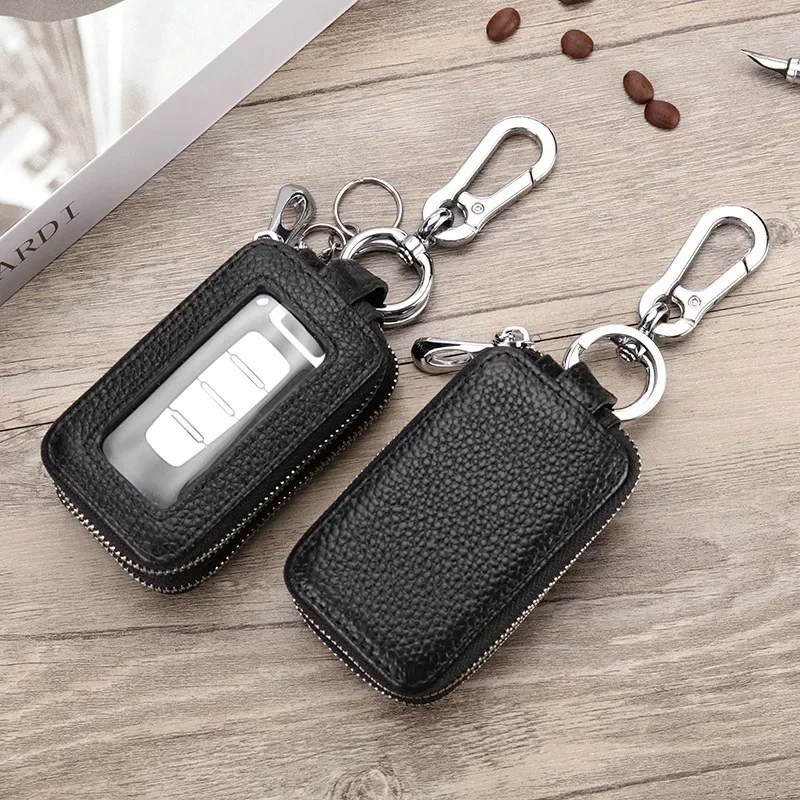 Double-layer Zipper Car Key Case Lychee Pattern Top Layer Cowhide Genuine Leather Chain Large Capacity Unisex