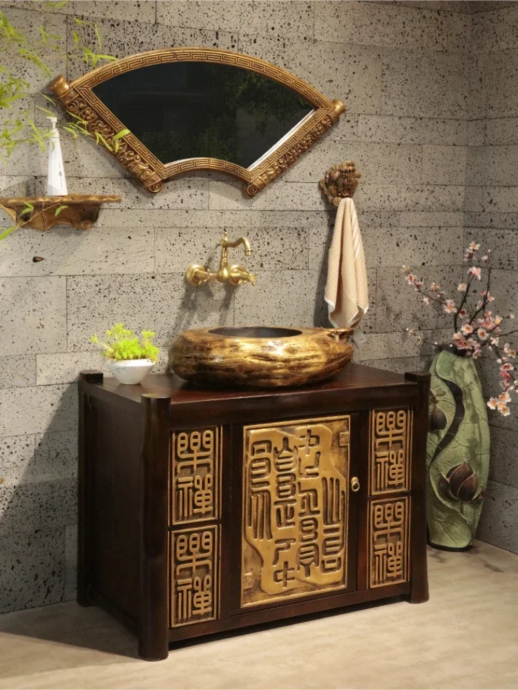 ~New Chinese solid wood combination bathroom cabinet balcony cabinet washbasin retro washbasin floor bathroom basin