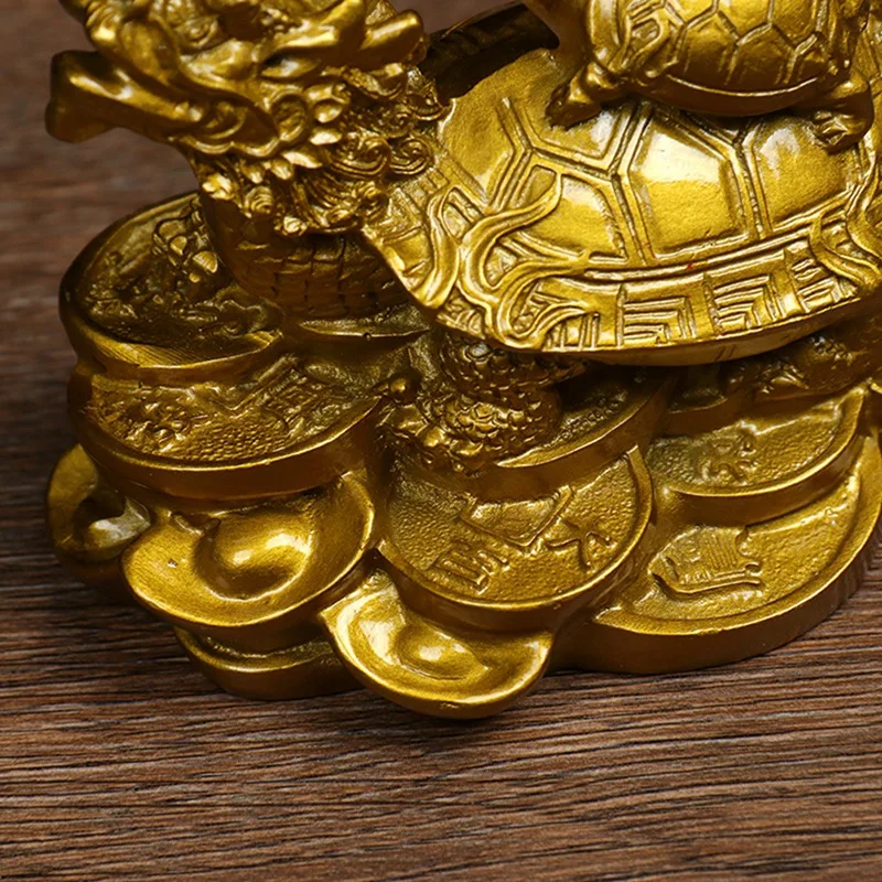 ABAE-1Pc Gold Feng Shui Dragon Turtle Tortoise Statue Figurine Coin Money Wealth Luck Office Decorations
