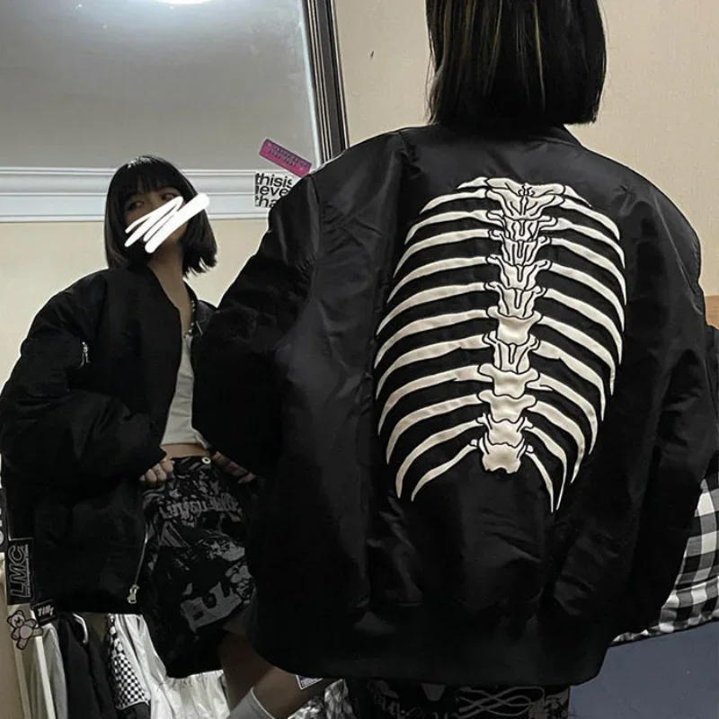 Women Vintage Jackets Bomber Jacket Black Gothic Harajuku Grunge American Baseball Jacket Couple Autumn Cool Outerwear New 2022