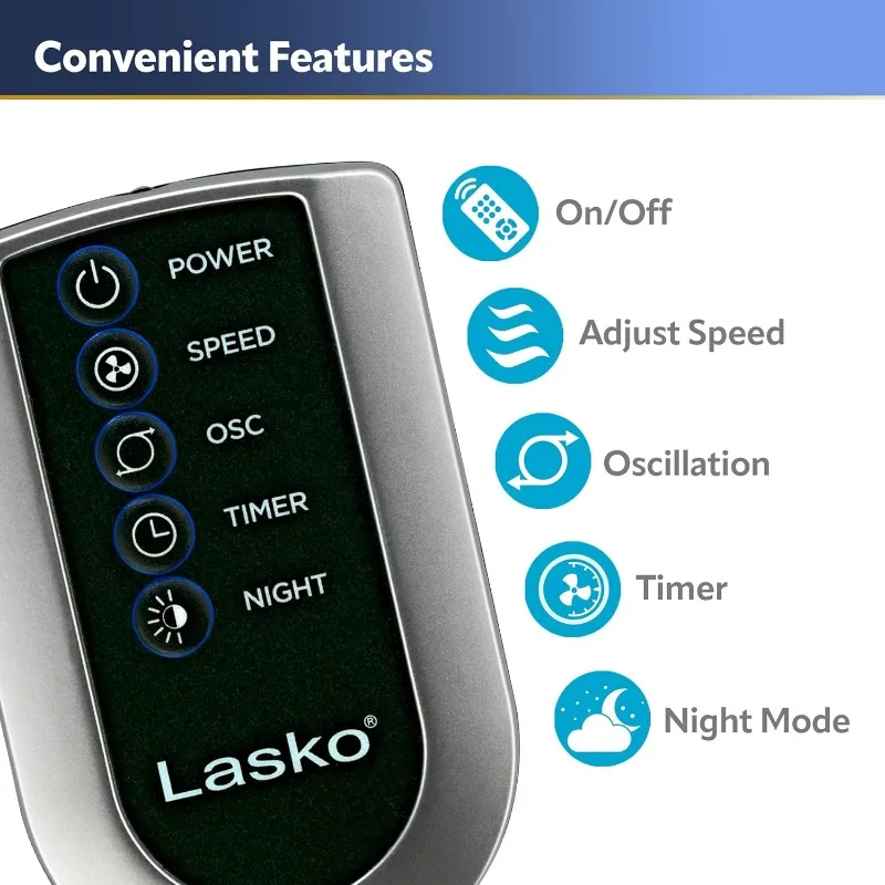 Lasko Oscillating Tower Fan, Quiet Fans with Remote, for Bedroom, Living Room, Office, Tower Fan with Remote, 3-Speed Timer, 42” 5