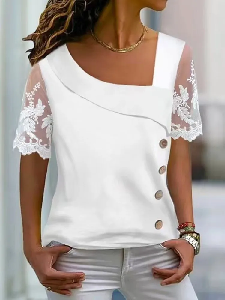 Fashion White Lace Short Sleeve Tops Women T Shirt 2024 Summer Casual Buttons Office T-shirt Tshirt Top Femme