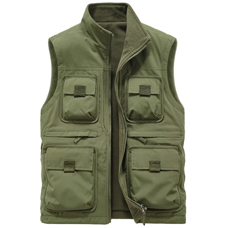 

Winter Thicken Warm Fleece Vest Plus Size Mens Multi-pockets Double-sided Casual Sports Waistcoat Jacket Outdoor Vests Outerwear