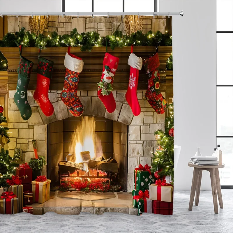 Hnmdmyi Rideau De Douche Noël 180x180, Rouge Et Blanc Sapin De Noël Hiver Flocon De Neige Joyeux Nouvel An Vacances, Imperméable Tissu Polyester Lavable Avec Crochets