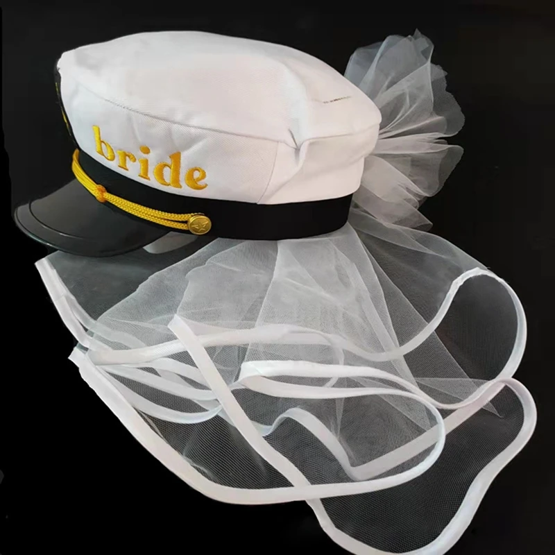 Sailor Captain Hat Veil Nautical Bachelorette Party Bridal Sailor Cap with Veil Embroidery Beach Ocean Boat Bride Gift