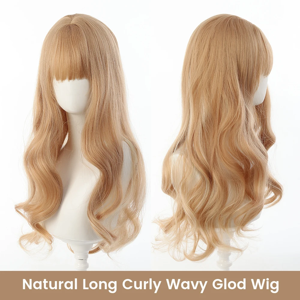 Blonde Synthetic Wigs for Women with Bangs and Natural Wave