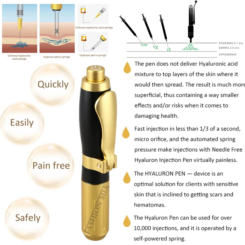 2in1 Needleless Atomizer Wrinkle Removal Skin Care Tools Pen 0.3ml&0.5ml two head gold hyaluronic acid pen lip filling injecton