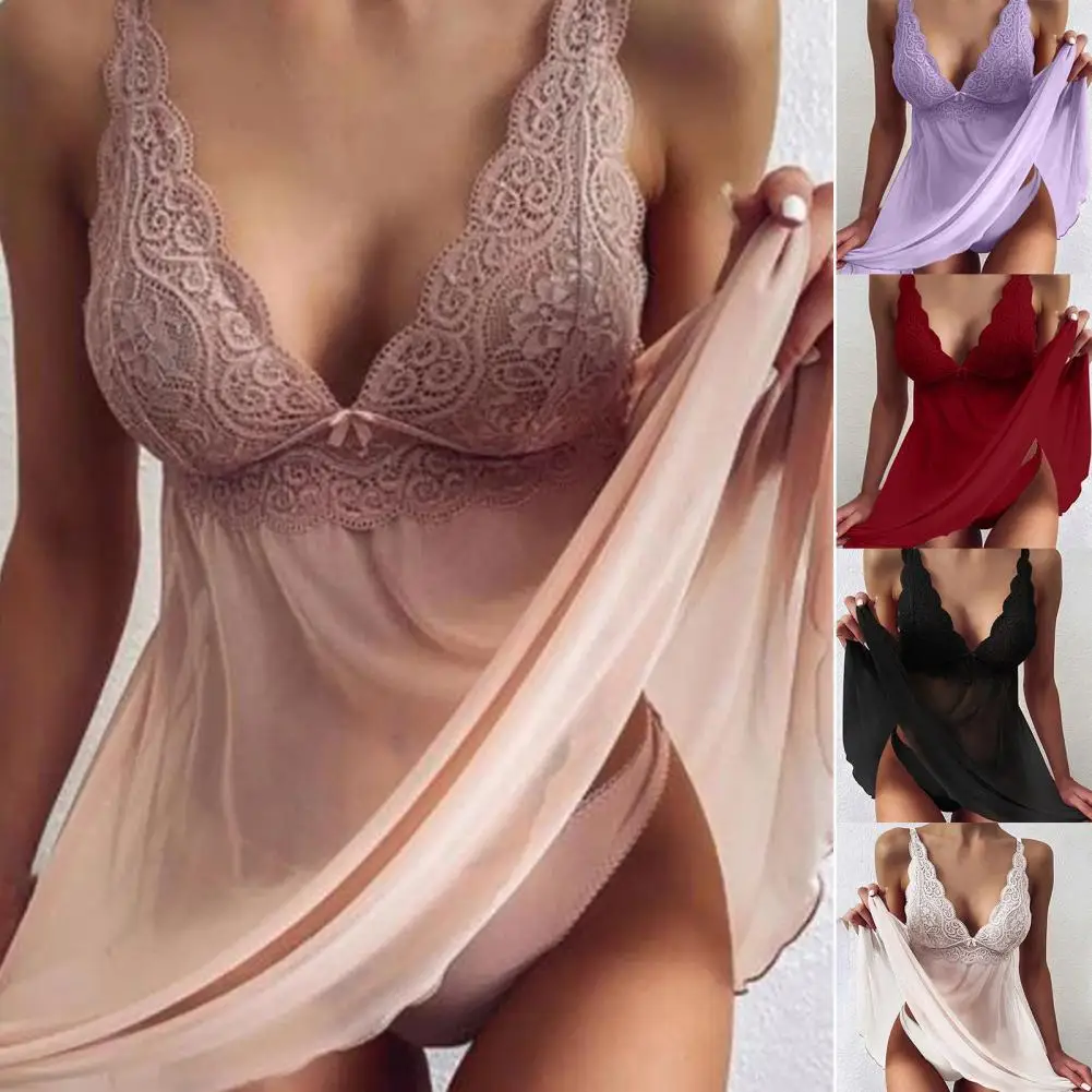 

Womens Underwear Erotic Pajamas Deep V-Neck Crochet Lace Dress Set Stitching Hem Bow See-Through Sling Nightgown Set Night Dress