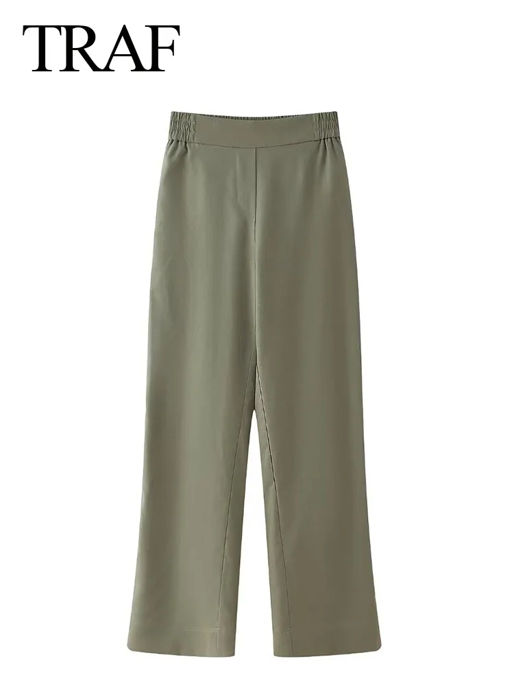 

TRAF Fashion Woman Vintage Elastic Waist Versatile Slim Pants Women Chic ArmyGreen Loose Casual Wide Leg Pants Streetwear