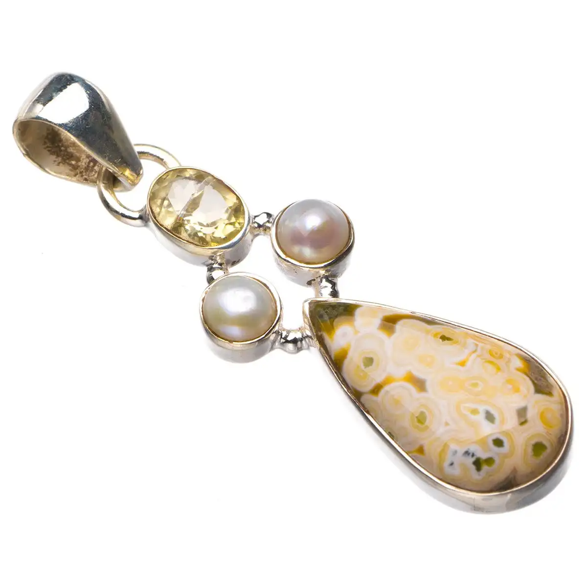 

StarGems Ocean Jasper,Green Amethyst And River Pearl Handmade 925 Sterling Silver Pendant 1.75" D5938