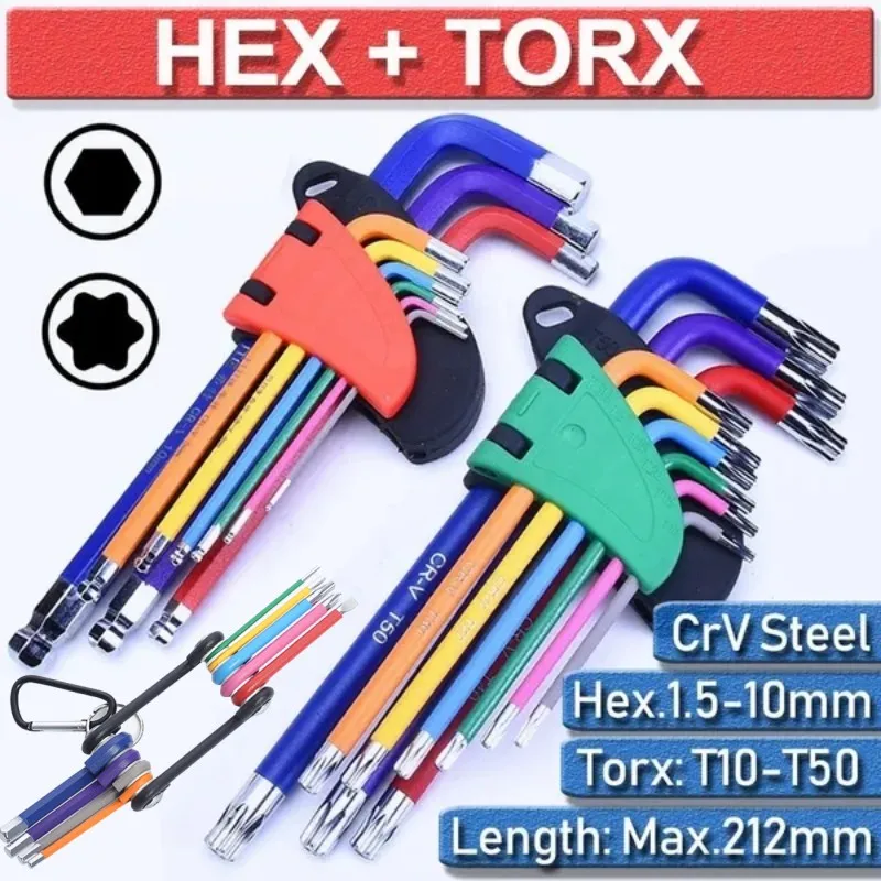 9pcs Allen Wrench CrV Steel Long Ball Torx Star Set Metric H1.5-10 T10-50Multifunctional Hexagon Torx Screwdriver Hexagon wrench