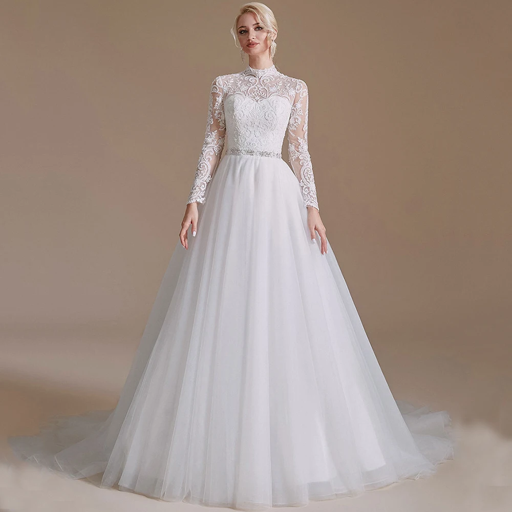 

Винтажное свадебное платье с высокой горловиной, аппликацией, классическим поясом с бисером, длинным рукавом, иллюзионным тюлем, длиной в Пол, платье невесты