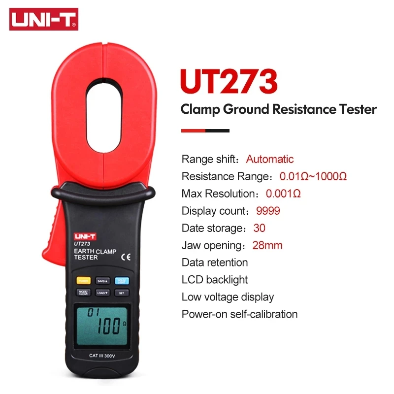 

UNI-T UT273 Digital Clamp Earth Ground Tester Resistance Meter 0-1000 Ohm 10000 Counts 28mm Jaw 300 Data Storage