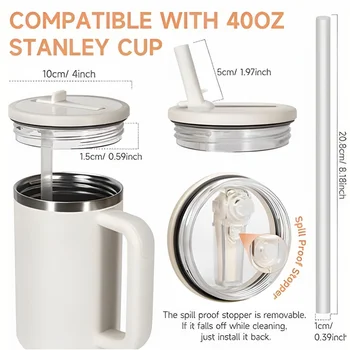 40oz Flip Straw Leak Proof Lid for 2.0 Tumbler Lid Replacement for Stanley Cup Accessories Straw Cover Cleaning Brush with Straw