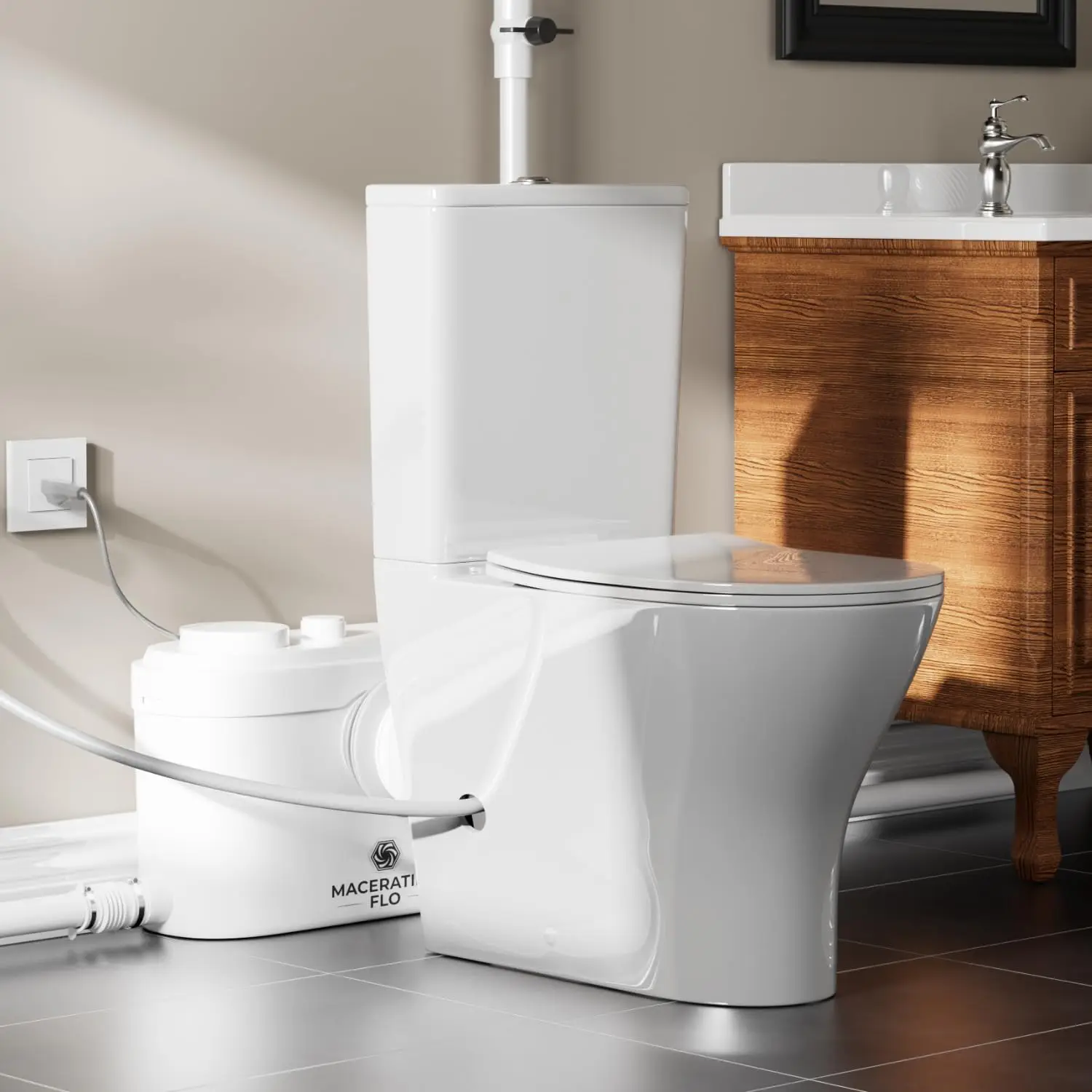 Upflush Toilet System For Basement Comfort Elongated Bowl 18 Inch Tall Toilet Stable & Powerful Macerator Pump Up to 36 Feet