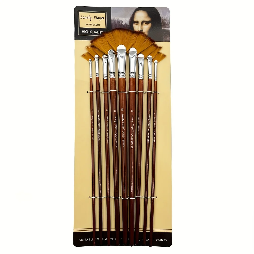 9pcs Professional Fan Paint Brush Set - Long Wood Handle High-Quality Nylon Hair for Watercolor, Acrylic, Oil & More 6
